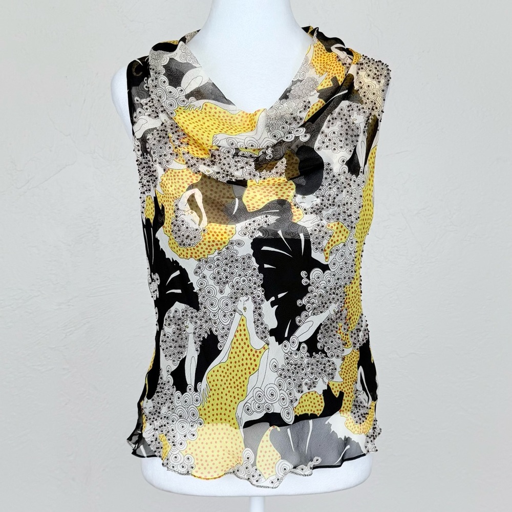 Vintage 1990s Y2K Silk Chiffon Beaded Ice Cowl Sleeveless Top Black Yellow Red M